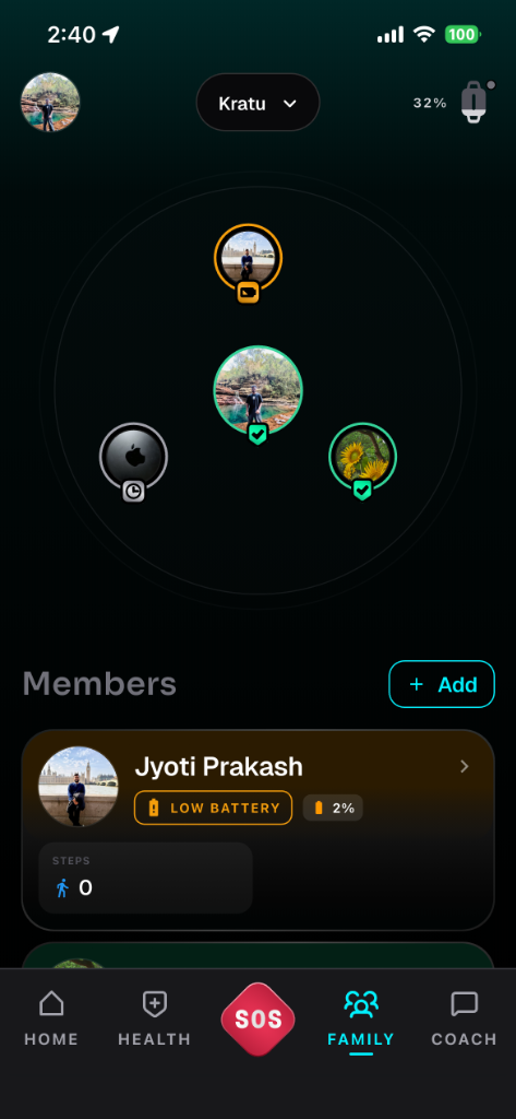 KRATUCARE App Care Circle and Family Radar Screen