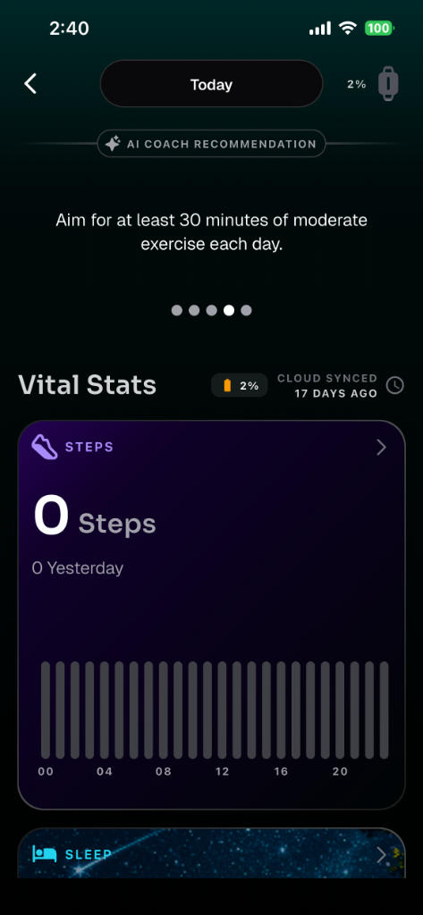 KRATUCARE App Vital Stats and Exercise Tracking Screen